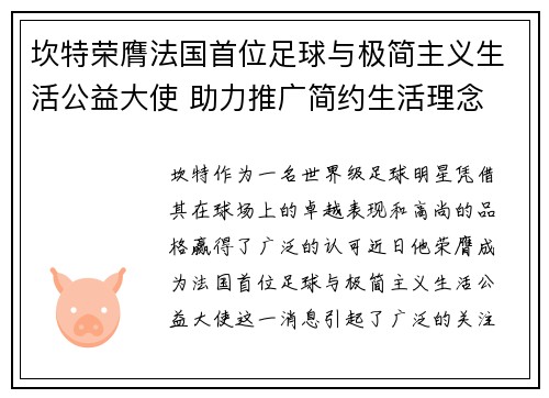 坎特荣膺法国首位足球与极简主义生活公益大使 助力推广简约生活理念