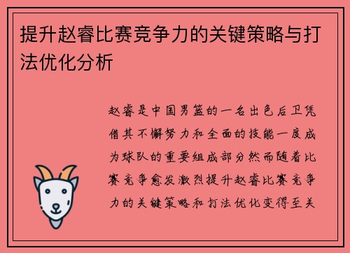 提升赵睿比赛竞争力的关键策略与打法优化分析