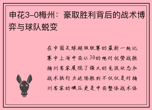 申花3-0梅州：豪取胜利背后的战术博弈与球队蜕变